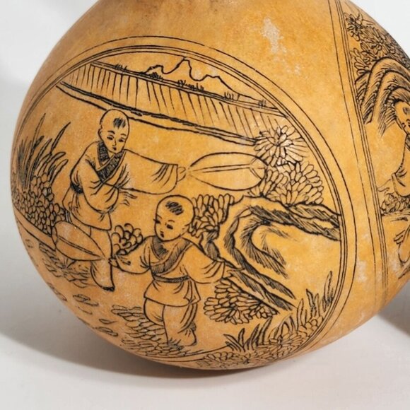 Handcrafted Etched Calabash Gourds Chinese Lanzhou Intricate Calligraphy Vintage - Picture 8 of 12